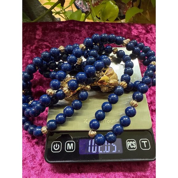 KJL For Avon Double Rams Heads Gold-Tone Necklace With Blue Beads - Picture 4 of 8